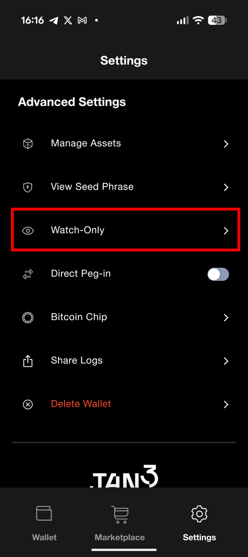 Aqua Settings menu showing Advanced Settings options with Watch-Only option highlighted