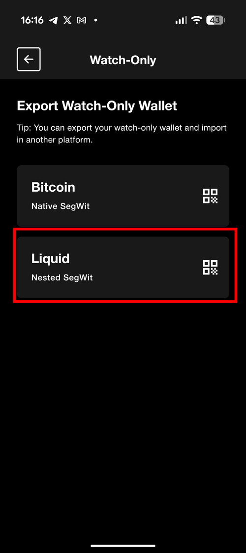 Export Watch-Only Wallet screen showing Bitcoin and Liquid options with Liquid Nested SegWit option highlighted