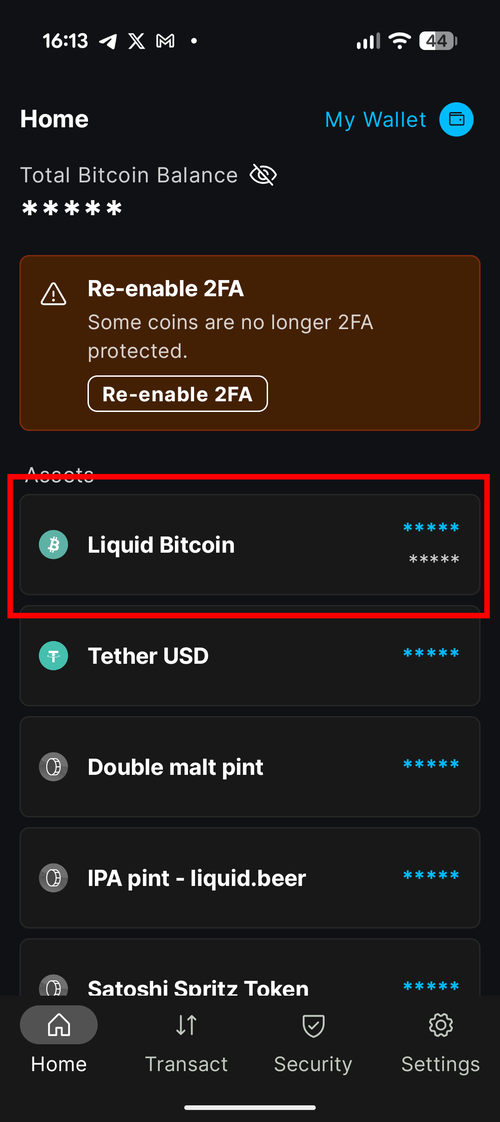 Blockstream Green home screen showing Assets list with Liquid Bitcoin highlighted