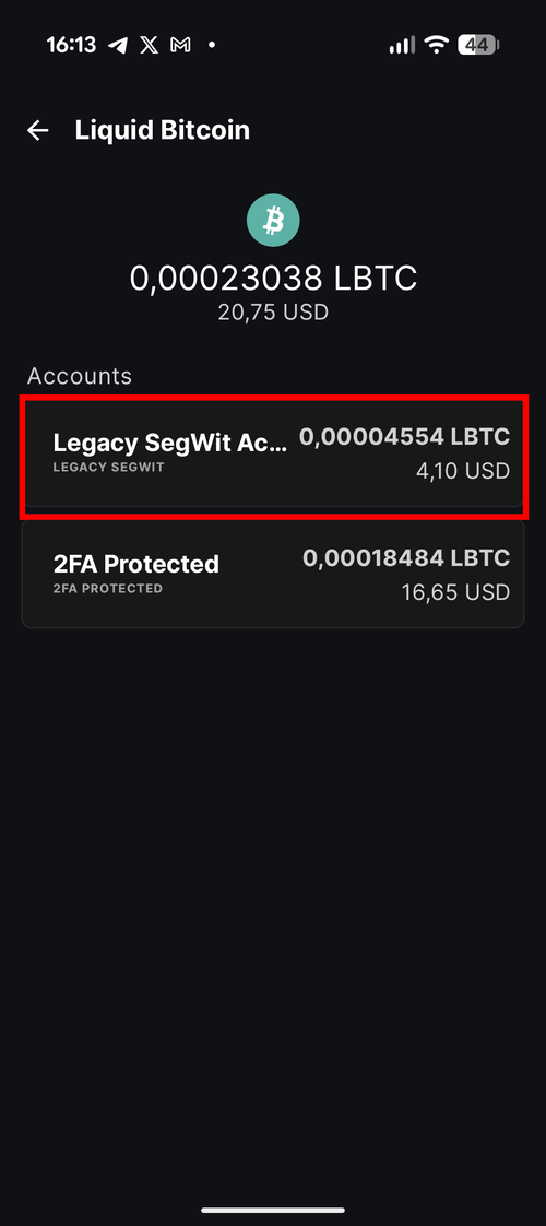Liquid Bitcoin account selection screen showing Legacy SegWit Account highlighted