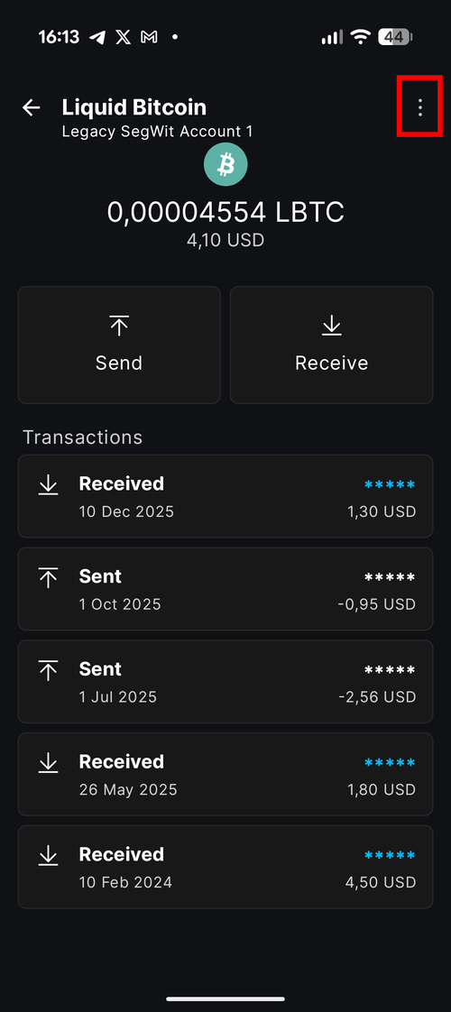 Liquid Bitcoin account screen showing transaction history with three-dot menu icon highlighted in top right corner