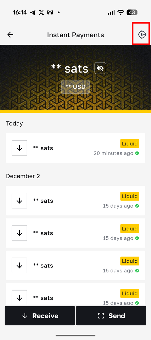 Instant Payments screen showing transaction history with settings gear icon highlighted in top right corner