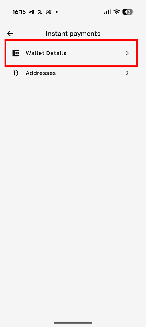 Instant payments settings menu showing Wallet Details option highlighted